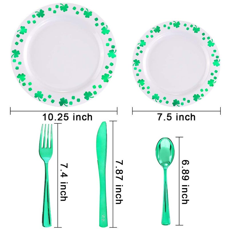 WDF 125pcs St. Patricks Day Plastic Plates with Shamrock Clover & Disposable Silverware - Premium White and Green Plastic Dinnerware for Wedding &Parties  Special for St. Patricks Day - Image 1