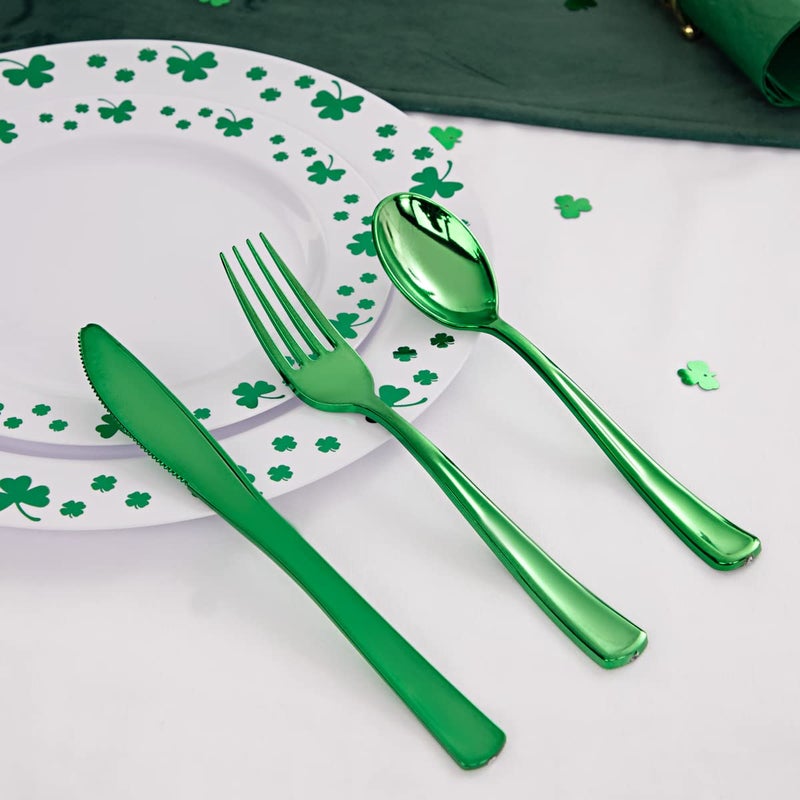 WDF 125pcs St. Patricks Day Plastic Plates with Shamrock Clover & Disposable Silverware - Premium White and Green Plastic Dinnerware for Wedding &Parties  Special for St. Patricks Day - Image 4