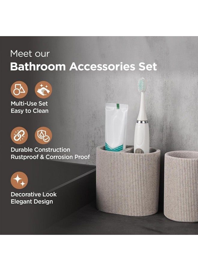 Kuber Industries 5-Piece Polyresin Bathroom Accessories Set |Toothbrush Holder, Soap Dispenser, Tumbler, Tray | Accessories for Bathroom & Kitchen | Moisture-Resistant & Scratch-Proof | Khaki - Image 4