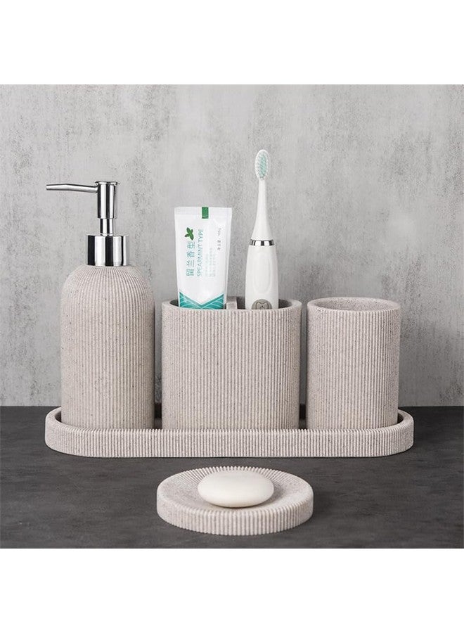 Kuber Industries 5-Piece Polyresin Bathroom Accessories Set |Toothbrush Holder, Soap Dispenser, Tumbler, Tray | Accessories for Bathroom & Kitchen | Moisture-Resistant & Scratch-Proof | Khaki - Image 1