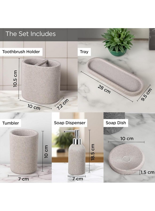 Kuber Industries 5-Piece Polyresin Bathroom Accessories Set |Toothbrush Holder, Soap Dispenser, Tumbler, Tray | Accessories for Bathroom & Kitchen | Moisture-Resistant & Scratch-Proof | Khaki - Image 3