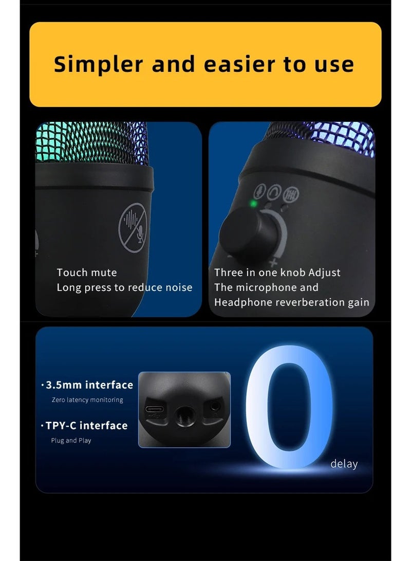 ميكروفون مكثف ZFSZ RGB للألعاب USB مع كتم صوت بلمسة واحدة وحامل مضاد للاهتزاز - Image 5