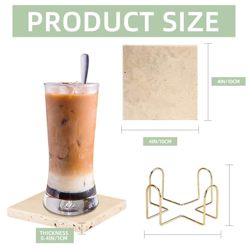 DASSNANE 4pcs 4" Travertine Marble Coasters for Drinks Natural Coasters Set,Square of Stone Drink with Gold Cup Holder,Non Slip Cork Backing,Protect Tables from Stains Scratches Housewarming Gift, Wedding - Image 2