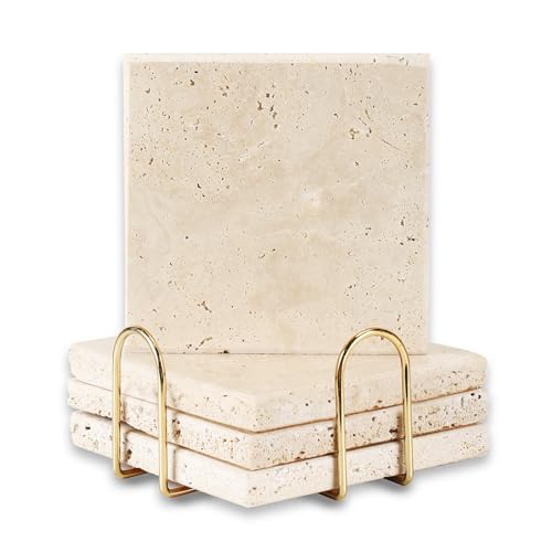 DASSNANE 4pcs 4" Travertine Marble Coasters for Drinks Natural Coasters Set,Square of Stone Drink with Gold Cup Holder,Non Slip Cork Backing,Protect Tables from Stains Scratches Housewarming Gift, Wedding - Image 1