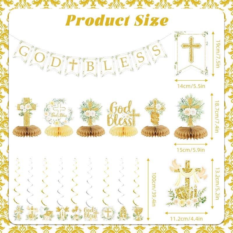 LANGASQUE Gold Baptism Decorations, Glitter God Bless Banner Hanging Swirls Honeycomb Centerpieces for Baby Shower Birthday First Communion, Baptism Party Supplies - Image 4