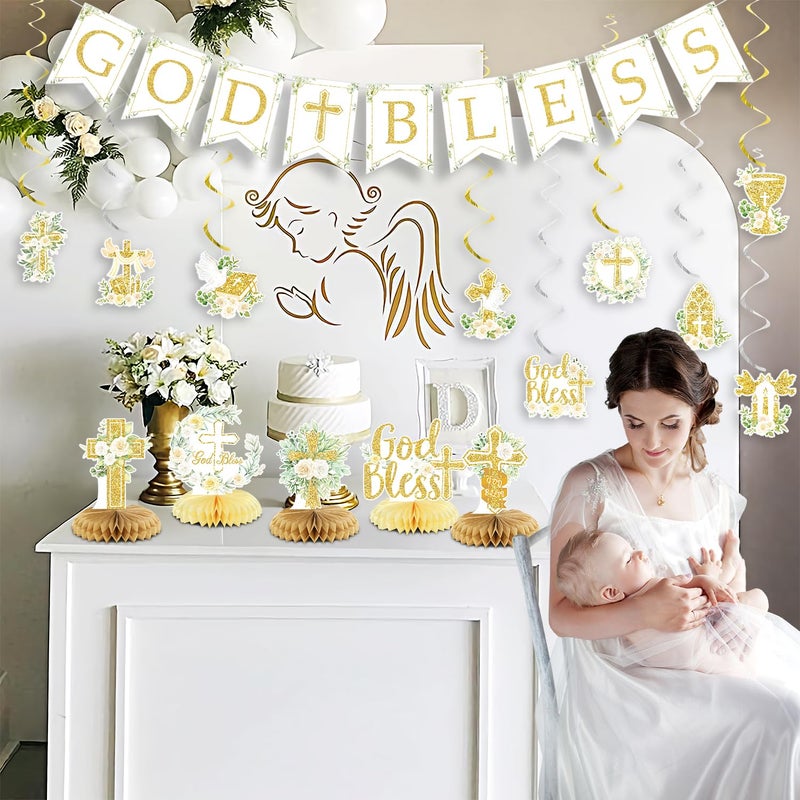 LANGASQUE Gold Baptism Decorations, Glitter God Bless Banner Hanging Swirls Honeycomb Centerpieces for Baby Shower Birthday First Communion, Baptism Party Supplies - Image 5