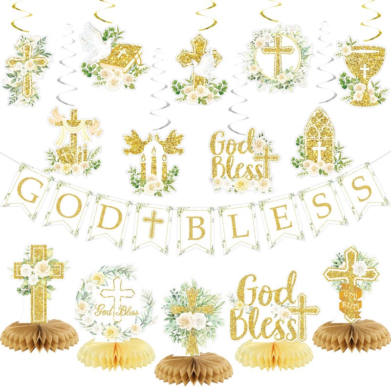 LANGASQUE Gold Baptism Decorations, Glitter God Bless Banner Hanging Swirls Honeycomb Centerpieces for Baby Shower Birthday First Communion, Baptism Party Supplies - Image 1