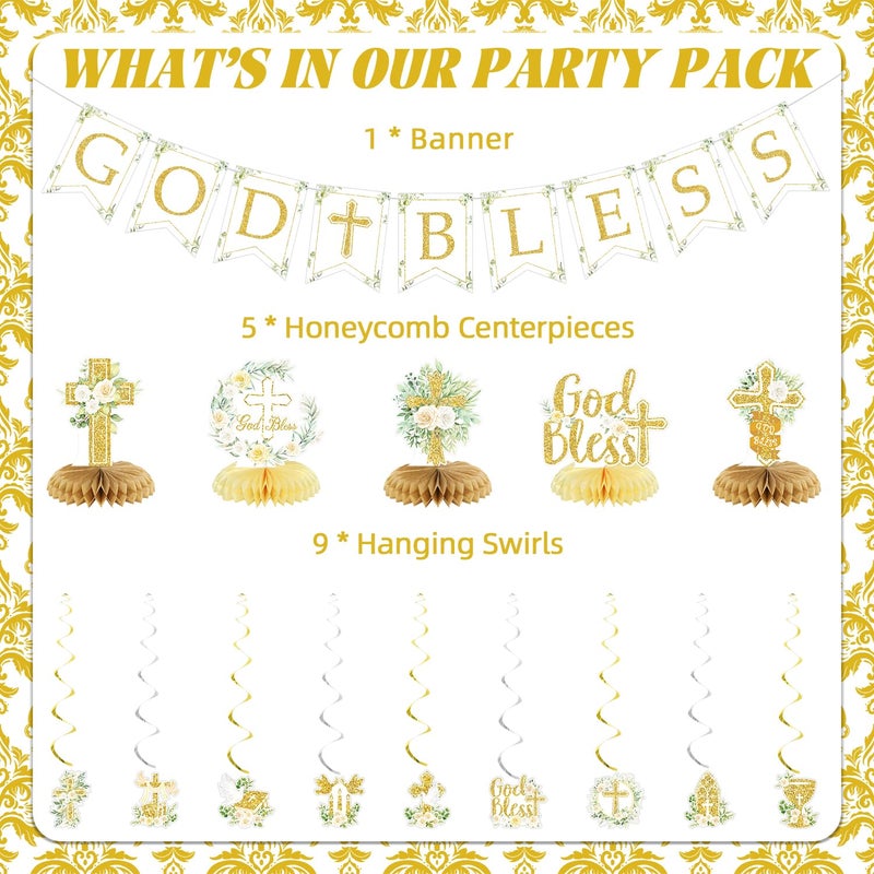 LANGASQUE Gold Baptism Decorations, Glitter God Bless Banner Hanging Swirls Honeycomb Centerpieces for Baby Shower Birthday First Communion, Baptism Party Supplies - Image 3