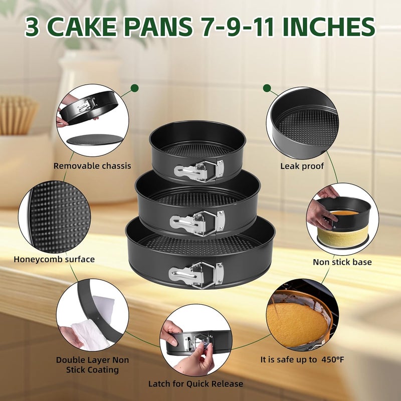 FLEEODAN Springform Pan Set of 3 (7"/9"/11") - Non-Stick Cheesecake Pans with Removable Bottom, Round Baking Molds for Cheesecake, Pie, Desserts & More - Baking Bakeware Set - Image 2