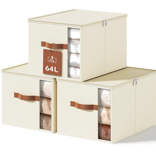 KitHero Large Clothes Storage Bins with Sturdy Frame Foldable Clothing Organizer Box Sweater Storage Cube with Lids and Zipper Fabric Bedding Storage Bags for Blankets Seasonal Clothes Comforter - Image 1