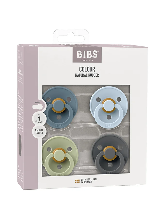 BIBS Colour Round Pacifier, 4 Pieces, Latex Size 1, 0 - 6 Months, Petrol Sage Baby Blue, Natural Rubber Pacifier Pack, Bpa - Free And Durable