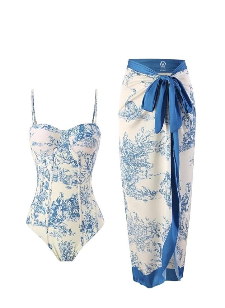 Showday Showday European American Women's Bikini Bathing Suit Women's One Piece Swimsuit with Beach Cover up Wrap Skirt Floral Tummy Control Tankini Set 2 Piece Swimsuit Outfits  - Image 1