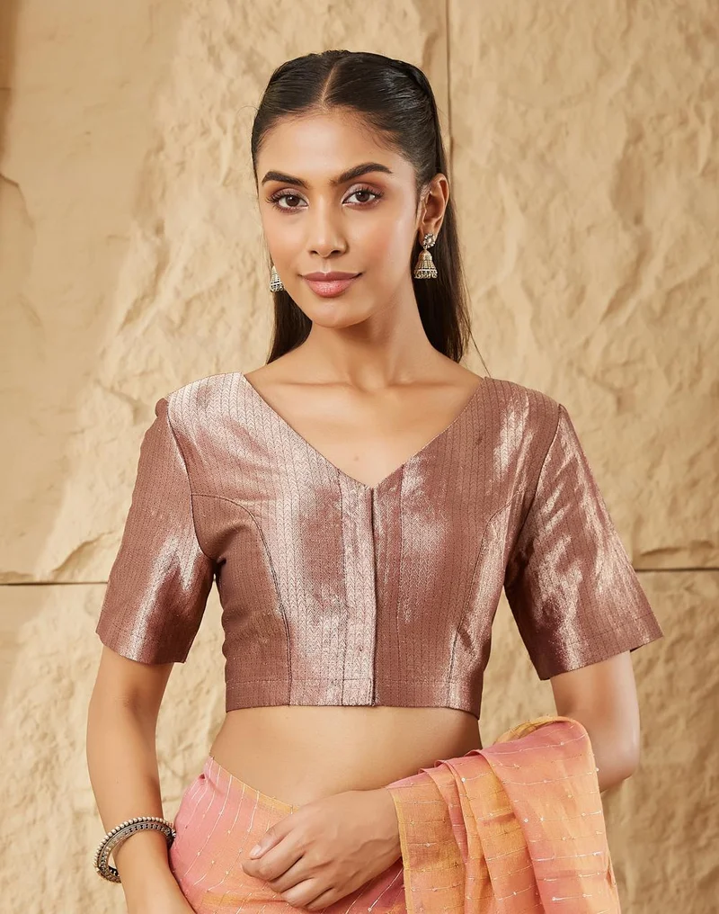 فاب انديا Brown Cotton Viscose Metallized Fibre Blend Stitched Blouse