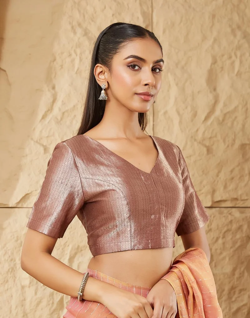 فاب انديا Brown Cotton Viscose Metallized Fibre Blend Stitched Blouse