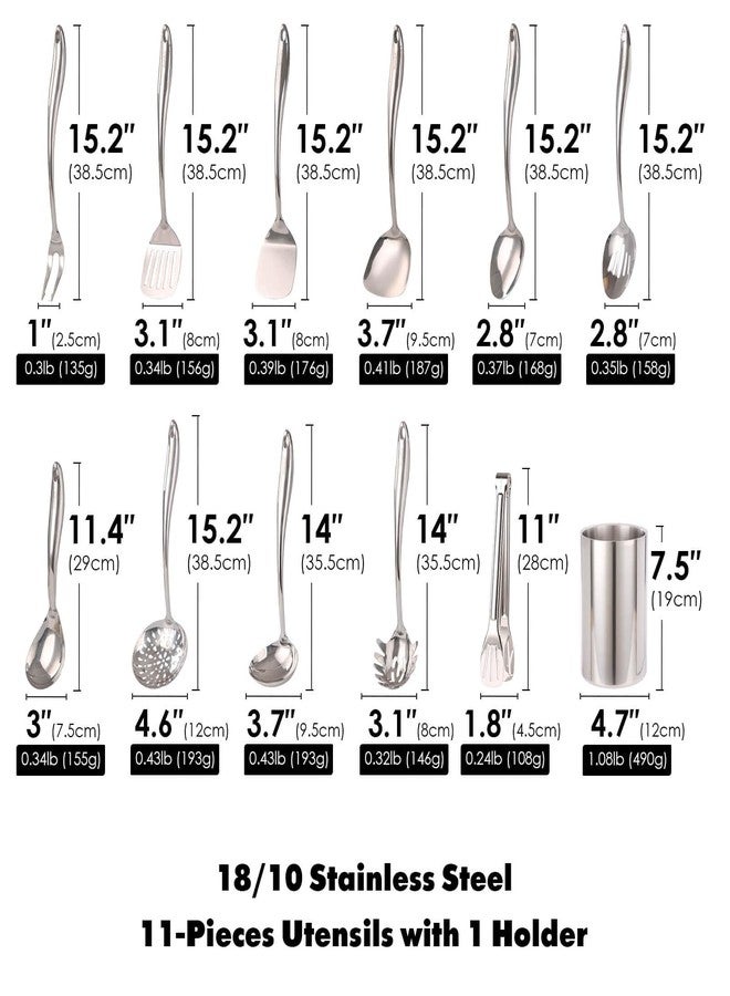Standcn 18/10 Stainless Steel Kitchen Utensils Set with Holder - 15″ Spatula Spoon Set with Storage Organizer for Countertop, Fork, Tongs, Spatula, Ladle, Skimmer, Turner, Spaghetti, Large Spoon Set of 12 - Image 2