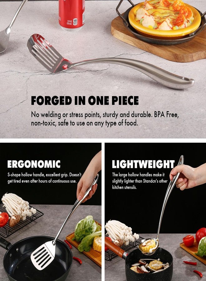 Standcn 18/10 Stainless Steel Kitchen Utensils Set with Holder - 15″ Spatula Spoon Set with Storage Organizer for Countertop, Fork, Tongs, Spatula, Ladle, Skimmer, Turner, Spaghetti, Large Spoon Set of 12 - Image 4
