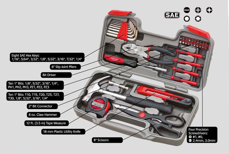 Apollo Tools Original 39 Piece General Household Tool Set in Toolbox Storage Case with Essential Hand Tools for Everyday Home Repairs, DIY and Crafts Red/Black - DT9706 - Image 3