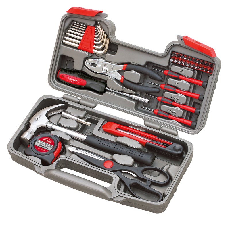 Apollo Tools Original 39 Piece General Household Tool Set in Toolbox Storage Case with Essential Hand Tools for Everyday Home Repairs, DIY and Crafts Red/Black - DT9706 - Image 1