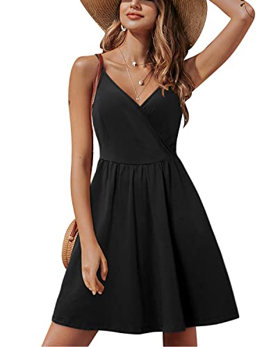 STYLEWORD Womens' 2024 Summer V Neck Spaghetti Strap Sprig Dresses Casual Swing Sundress with Pocket(Black-429,S) - Image 1