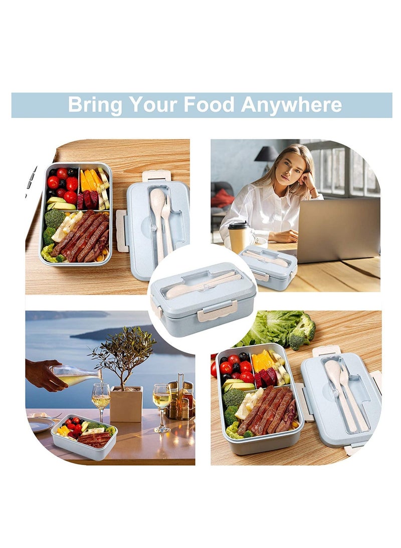 SOLARAE Bento Box for Adults Lunch Containers for Kids 3 Compartment Food Bundle Divider Leak Proof Microwave Safe with Utensils spoon and fork(Flatware Included, Nordic Blue) - Image 3