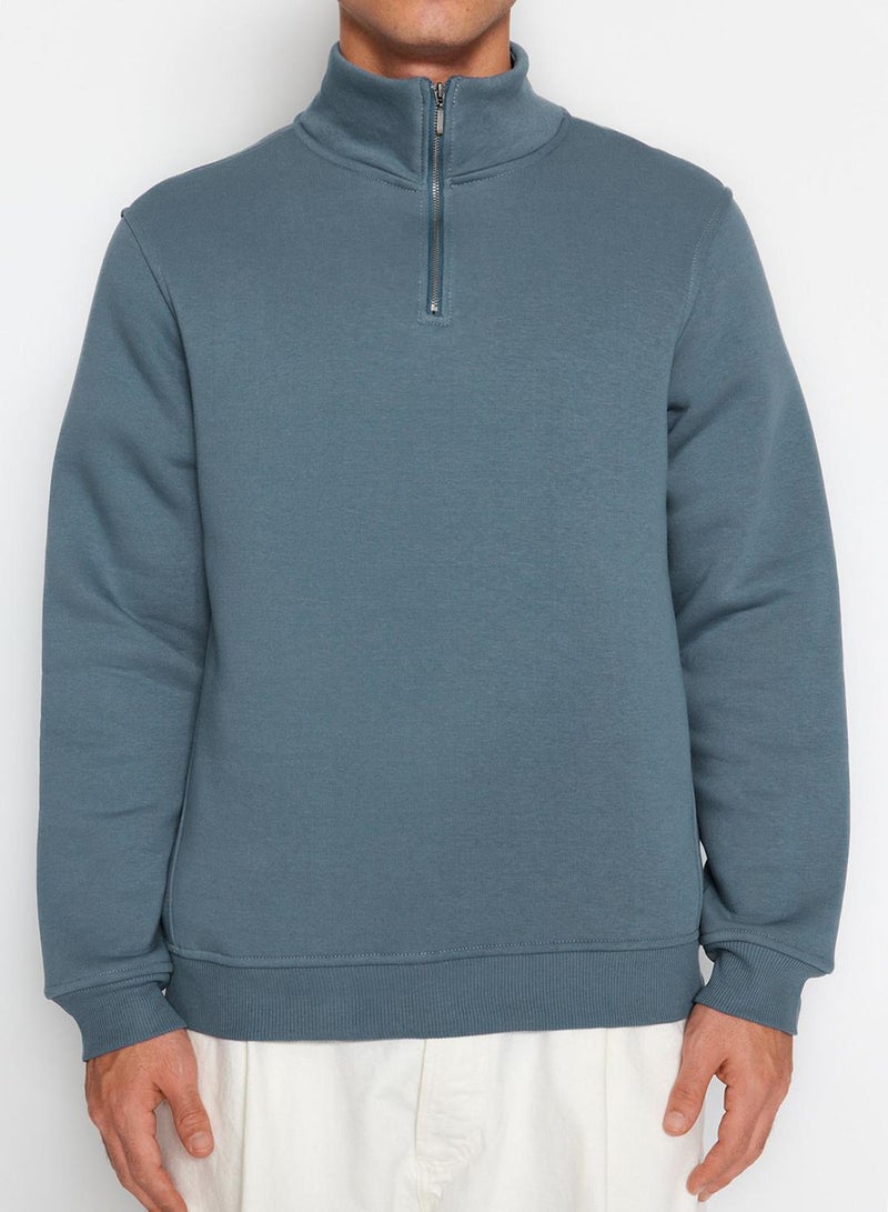 trendyol Mavi Regular/Normal Cut High Neck Zippered Cotton Basic Fleece Lined Sweatshirt - Image 3