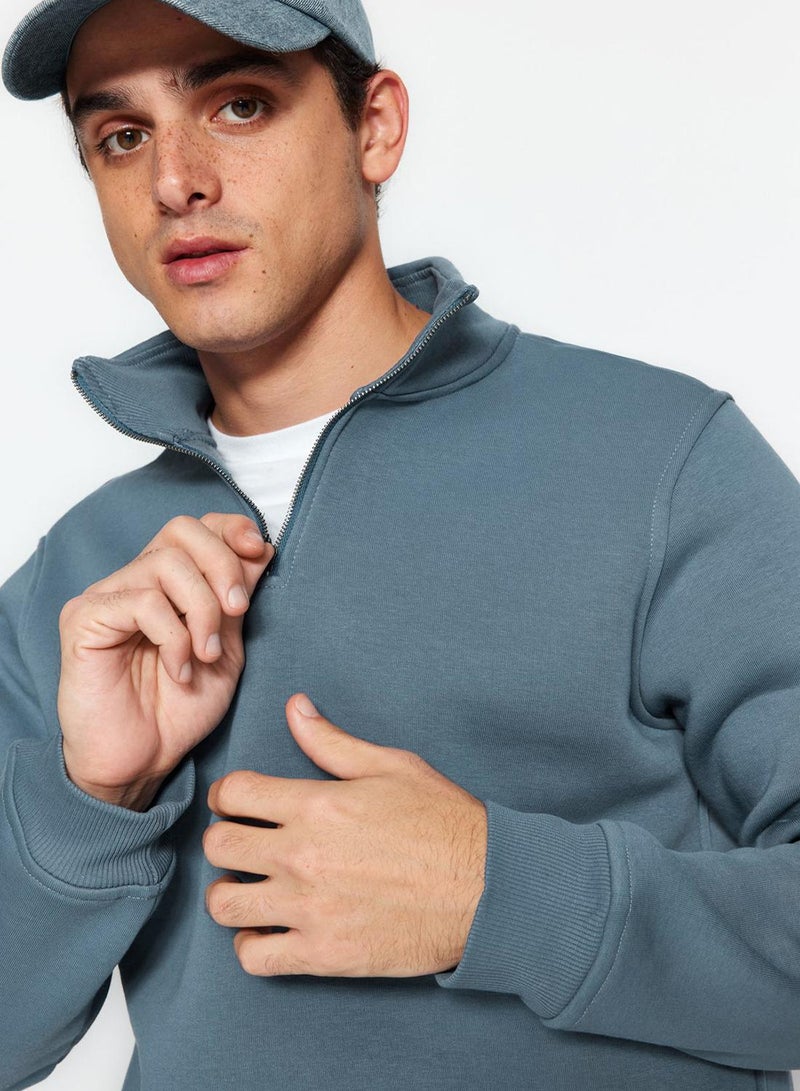 trendyol Mavi Regular/Normal Cut High Neck Zippered Cotton Basic Fleece Lined Sweatshirt - Image 2