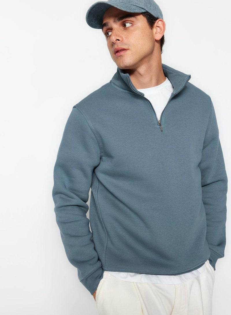 trendyol Mavi Regular/Normal Cut High Neck Zippered Cotton Basic Fleece Lined Sweatshirt - Image 1