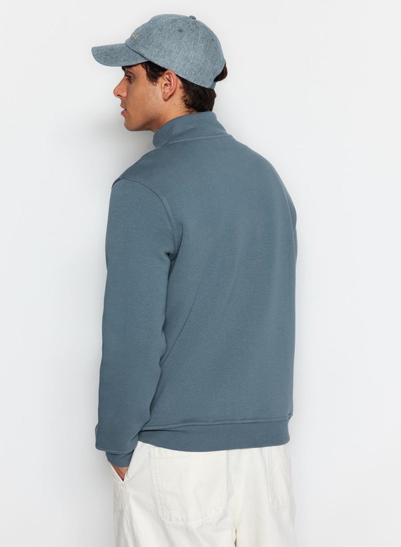 trendyol Mavi Regular/Normal Cut High Neck Zippered Cotton Basic Fleece Lined Sweatshirt - Image 5