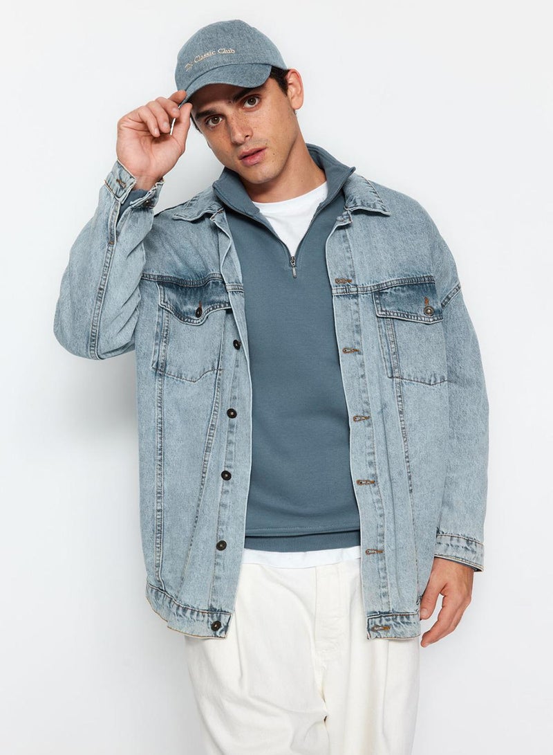 trendyol Mavi Regular/Normal Cut High Neck Zippered Cotton Basic Fleece Lined Sweatshirt - Image 4