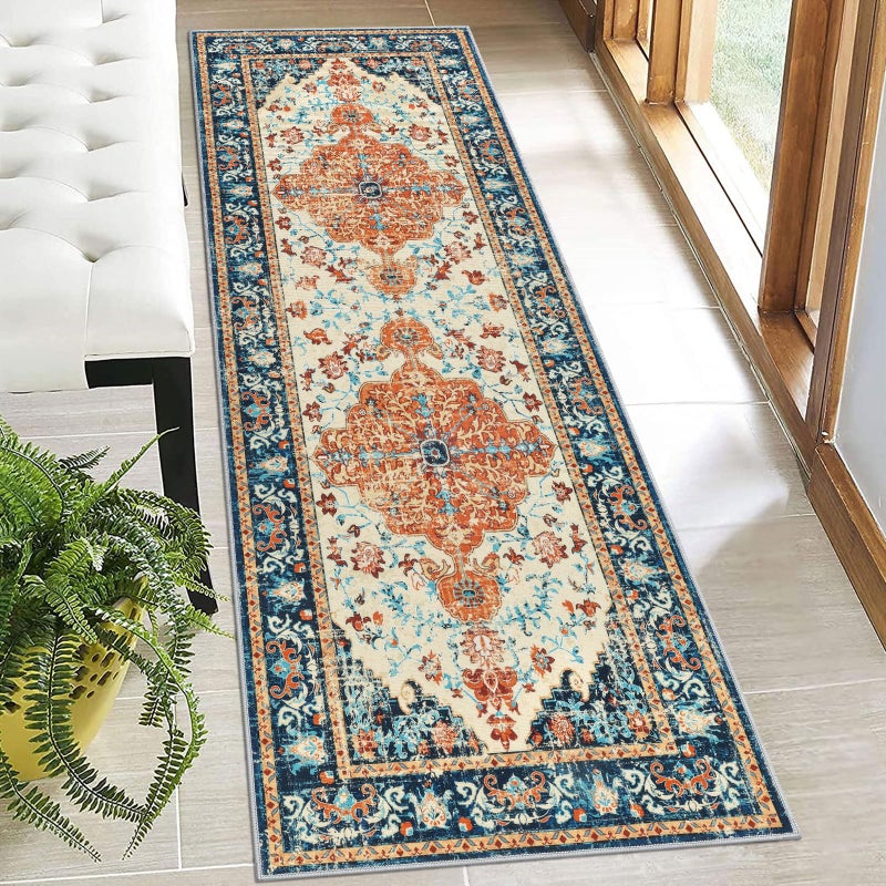 U'Artlines 2' x 6' Boho Hallway Runner Rug, Non Slip Washable Vintage Farmhouse Accent Area Rug Carpet for Kitchen Entryway Laundry and Living Room (Orange/Multi) - Image 1