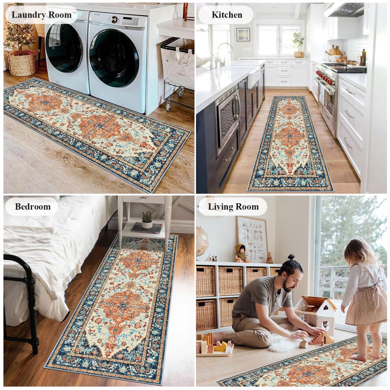 U'Artlines 2' x 6' Boho Hallway Runner Rug, Non Slip Washable Vintage Farmhouse Accent Area Rug Carpet for Kitchen Entryway Laundry and Living Room (Orange/Multi) - Image 4