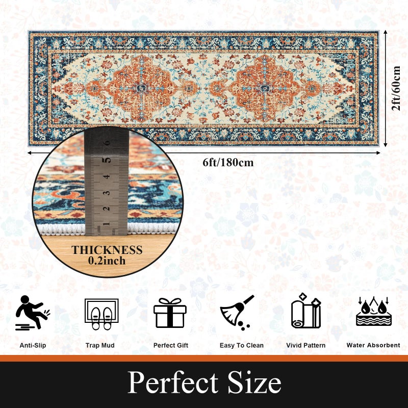 U'Artlines 2' x 6' Boho Hallway Runner Rug, Non Slip Washable Vintage Farmhouse Accent Area Rug Carpet for Kitchen Entryway Laundry and Living Room (Orange/Multi) - Image 2