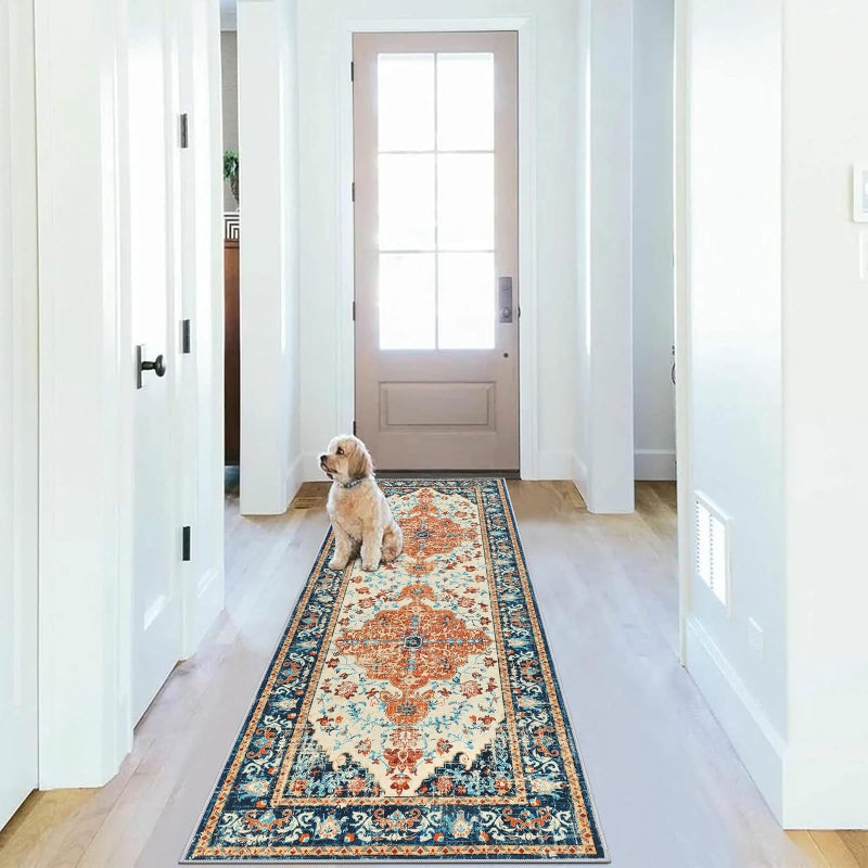 U'Artlines 2' x 6' Boho Hallway Runner Rug, Non Slip Washable Vintage Farmhouse Accent Area Rug Carpet for Kitchen Entryway Laundry and Living Room (Orange/Multi) - Image 5