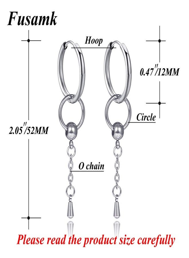 Fusamk Punk Stainless Steel Huggie Hinged Hoop Earrings Circle Dangle Drop Earrings,2PCS - Image 2