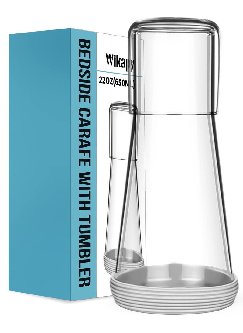 Wikapy Bedside Night Water Carafe Set with Tumbler Glass Clear Nightstand Carafe with Silicone Coaster for Bedroom and Guest Room Glass Mouthwash Decanter for Bathroom 22 OZ 