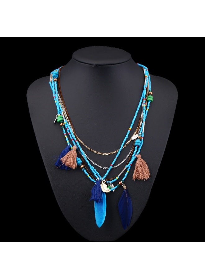 NIBEMINENT Exaggerated Ethnic-Inspired Luxury Beaded Feather Necklace
