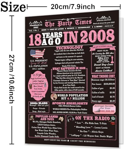 ICOOLYI Happy 18th Birthday Card Gifts for Girls, Daughter, Niece, Granddaughter, 18th Birthday Decorations for Girls, Large Birthday Card for 18 Year Old, Funny Back in 2008 Birthday Card, Rose Pink Gold - Image 2