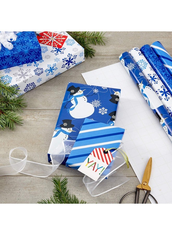 Hallmark Image Arts Blue Christmas Wrapping Paper with Cut Lines on Reverse (4 Rolls: 120 sq. ft. ttl) Snowmen, Snowflakes, Blue and White Stripes - Image 1