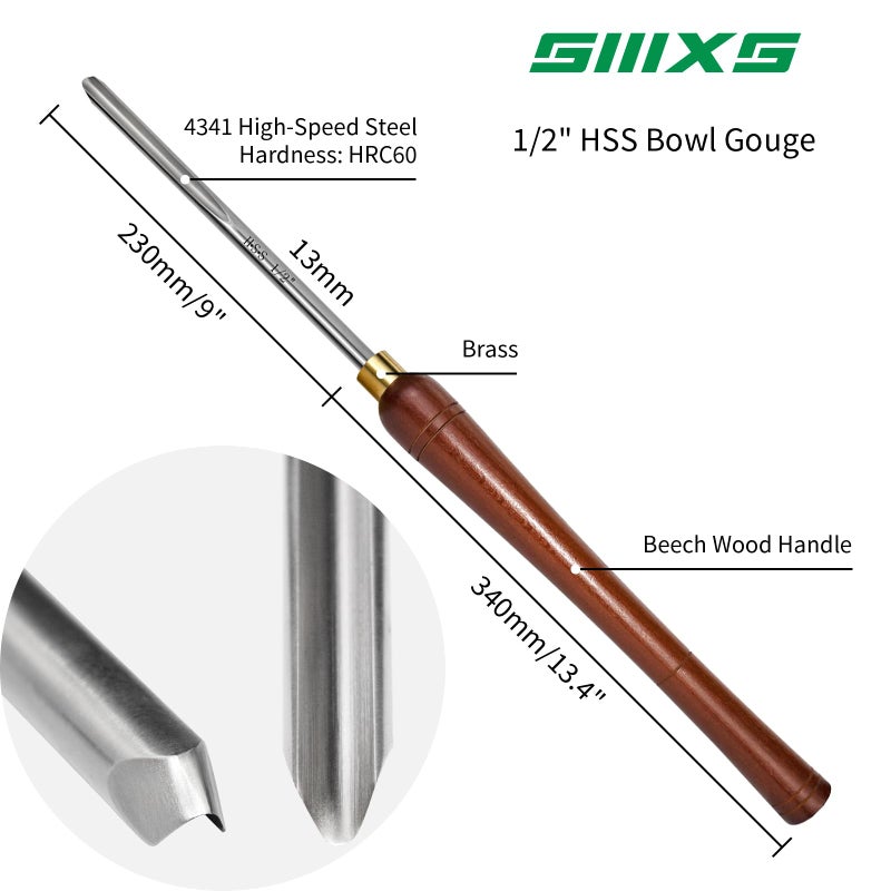 SIIIXS 1/2" HSS Bowl Gouge with Side Grind(3/8" Flute), Wood Lathe Bowl Turning Tools Spindle Gouge Chisel. - Image 2
