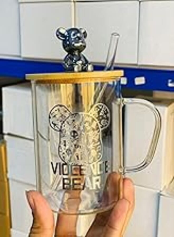 Teddy Bear Mug with Crystal Wood Cover, Pyrex Thermal Mug, Capacity of 400 ml