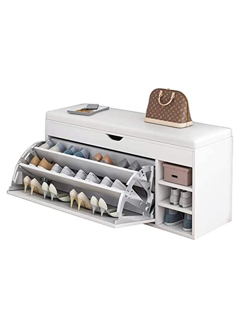 ياميم خزانة تخزين الأحذية من يميم، مقعد تخزين الأحذية مع أدراج، سهل التجميع مع وسادة ناعمة من القطن والكتان، (أبيض دافئ - 80 سم) - Image 1