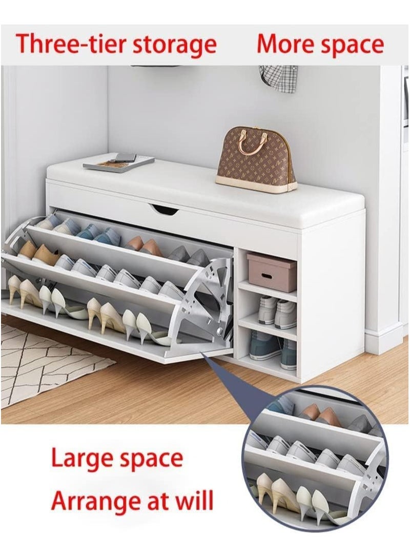 ياميم خزانة تخزين الأحذية من يميم، مقعد تخزين الأحذية مع أدراج، سهل التجميع مع وسادة ناعمة من القطن والكتان، (أبيض دافئ - 80 سم) - Image 2