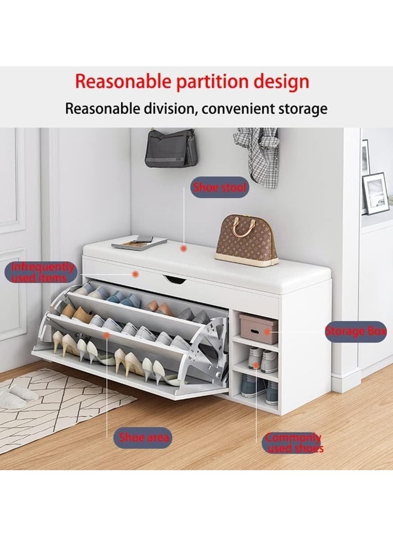 ياميم خزانة تخزين الأحذية من يميم، مقعد تخزين الأحذية مع أدراج، سهل التجميع مع وسادة ناعمة من القطن والكتان، (أبيض دافئ - 80 سم) - Image 3