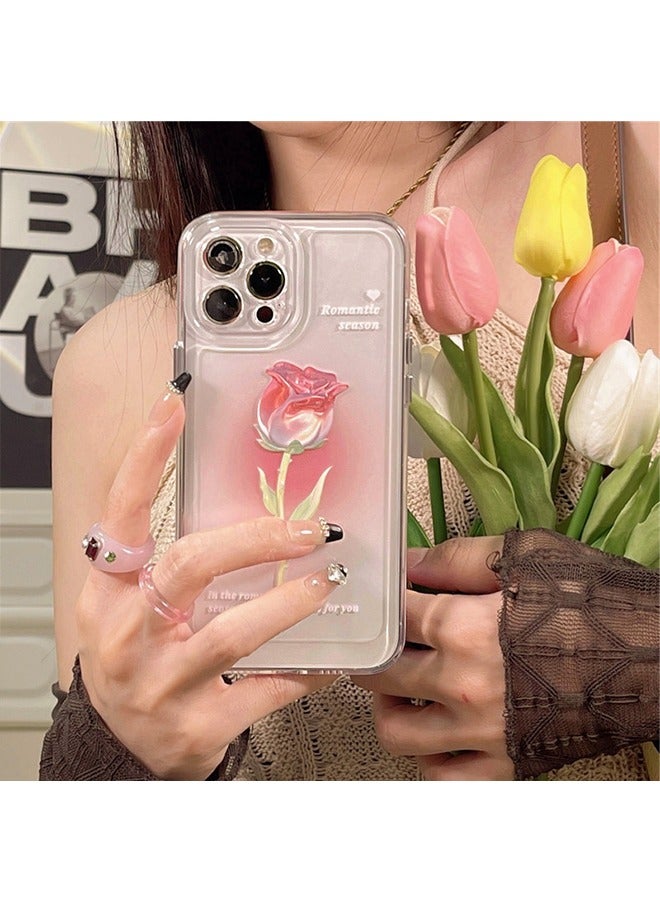 Compatible with iPhone 15 Pro Max Clear Case， oil painting flower pattern design Girly Phone Case for Women Girls Soft TPU Cover，Pink gradient rose - Image 2