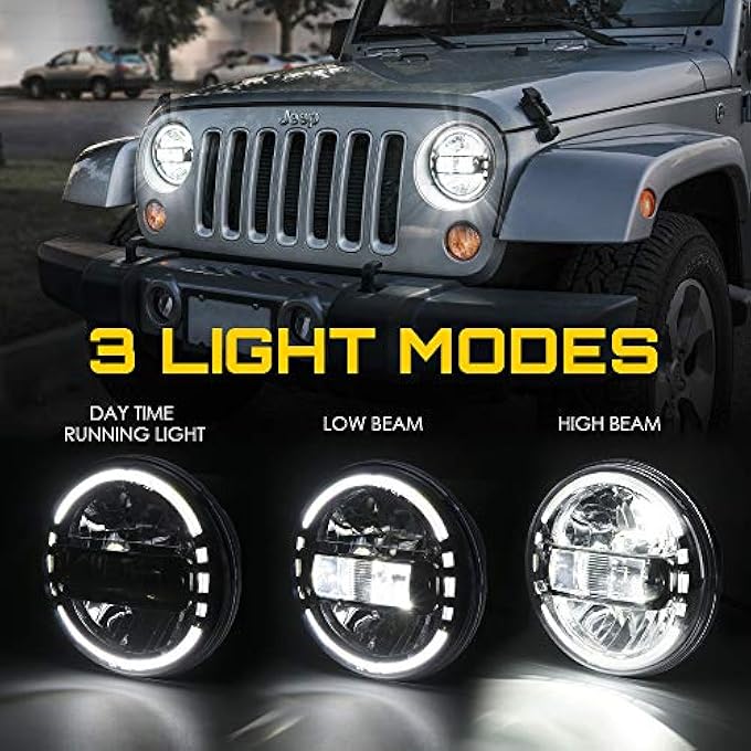 Xprite 7 مصابيح أمامية دائرية LED متوافقة مع جيب رانجلر JK JKU LJ CJ TJ Hummer H1 H2 موديل 1997-2018، مصابيح أمامية بحلقة هالو معتمدة من DOT، شعاع عالي ومنخفض، قابس تشغيل، لون أسود - Image 4
