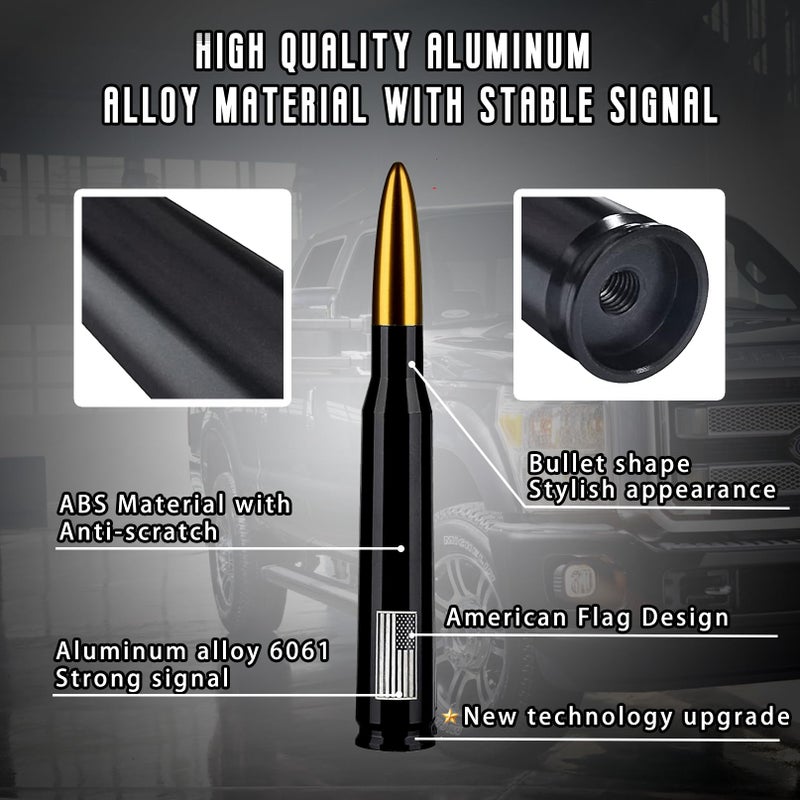 HVSTTPK American Flag Car Truck Antenna with Valve Stem Caps, Universal Antenna Mast for GM Chevy Silverado 1500 2500 3500 HD Avalanche Ford F150 F250 F350 Denali Heavy Duty Pickup Trucks Accessories (Gold) - Image 2