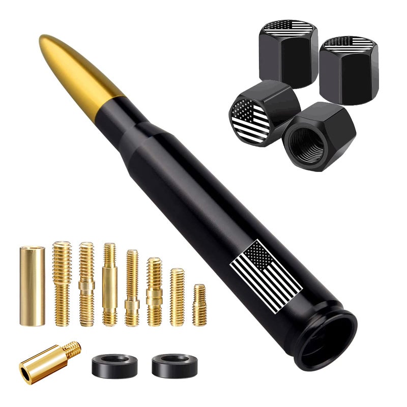 HVSTTPK American Flag Car Truck Antenna with Valve Stem Caps, Universal Antenna Mast for GM Chevy Silverado 1500 2500 3500 HD Avalanche Ford F150 F250 F350 Denali Heavy Duty Pickup Trucks Accessories (Gold) - Image 1