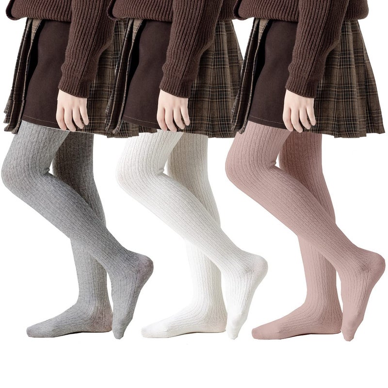 hakugoo Girls Tights Toddler Cable Knit Leggings Stockings 3 pack Cotton Seamless Pantyhose Pants for Kids Girls IvoryGreyDirty Pink 68 Years