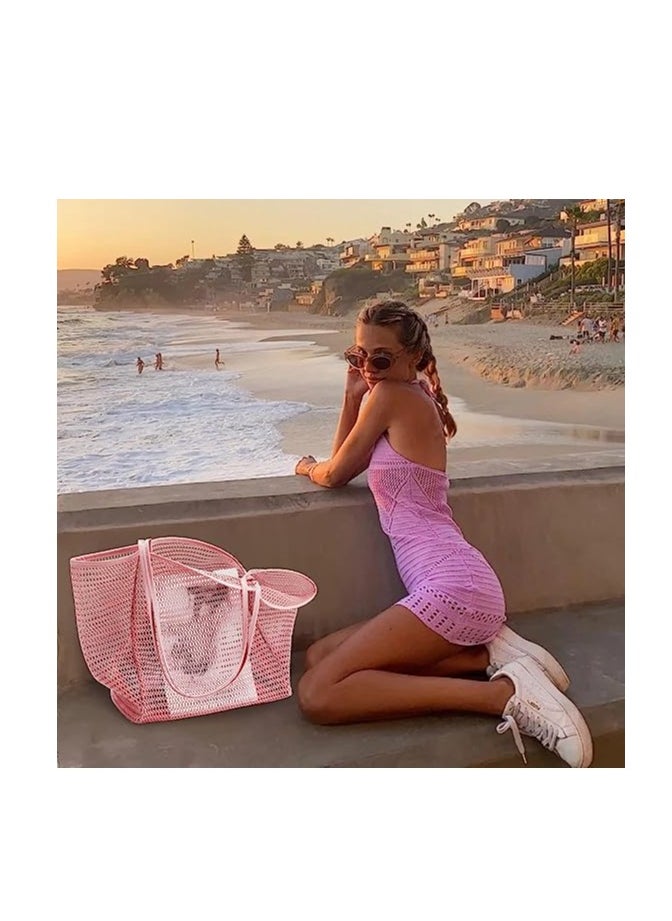 SYOSI Mesh Beach Bag for Women, Large Tote Bag Lightweight Foldable Beach Tote with Zipper Pocket for Women Vacation Beach Pool Trip  - Image 4