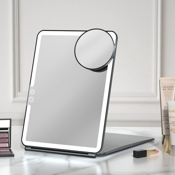10X75 PORTABLE LARGE TRAVEL MAKEUP MIRROR WITH LIGHT 1800MAH RECHARGEABLE LIGHTED TRAVEL MAKEUP MIRRORS WITH 3 COLOR LIGHTS DIMMABLE FOLDING LIGHT UP MAKE UP MIRROR WITH SMALL 10X MIRROR